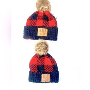 Mama Bear & Little Bear Red Plaid Knit Beanie Set